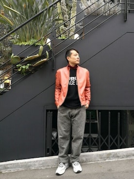「アイテム（ライダースジャケット、レッド系）」を使った、chu-さん（メンズ・165cm）の冬コーディネート