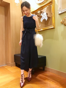 「MERCURYDUO（マーキュリーデュオ）のレース切替コンビネゾン（ワンピース、ブルー系）」を使った、高橋由希さん（レディース・156cm）の冬コーディネート