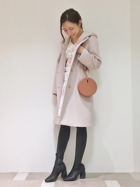「MERCURYDUO（マーキュリーデュオ）のフード付2WAYコート（その他アウター、ピンク系）」を使った、高橋由希さん（レディース・156cm）の冬コーディネート