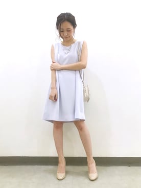 「MERCURYDUO（マーキュリーデュオ）のダブルクロスバックタックワンピース（ワンピース、ブルー系）」を使った、高橋由希さん（レディース・156cm）の春コーディネート