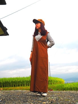 「茶色」｜「アイテム（サロペット/オーバーオール）」を使った、まゆゆさん（レディース・157cm）の秋コーディネート