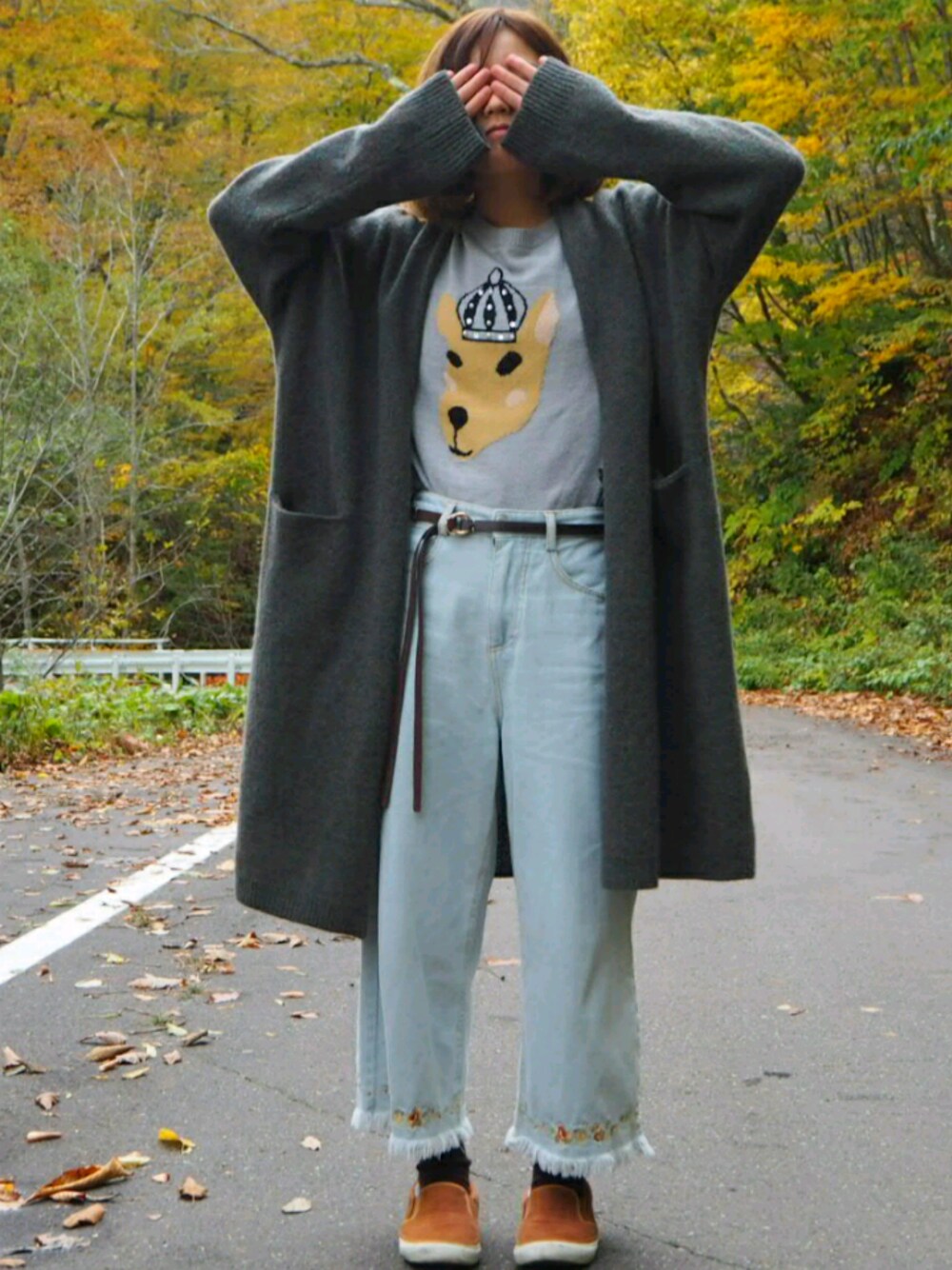 「コーディガン、ワイドパンツ、ニット」｜「tiptopのアイテム（デニムパンツ、ブルー系）」を使った、ゆきのんさん（レディース・153cm）の秋コーディネートの1枚目の写真