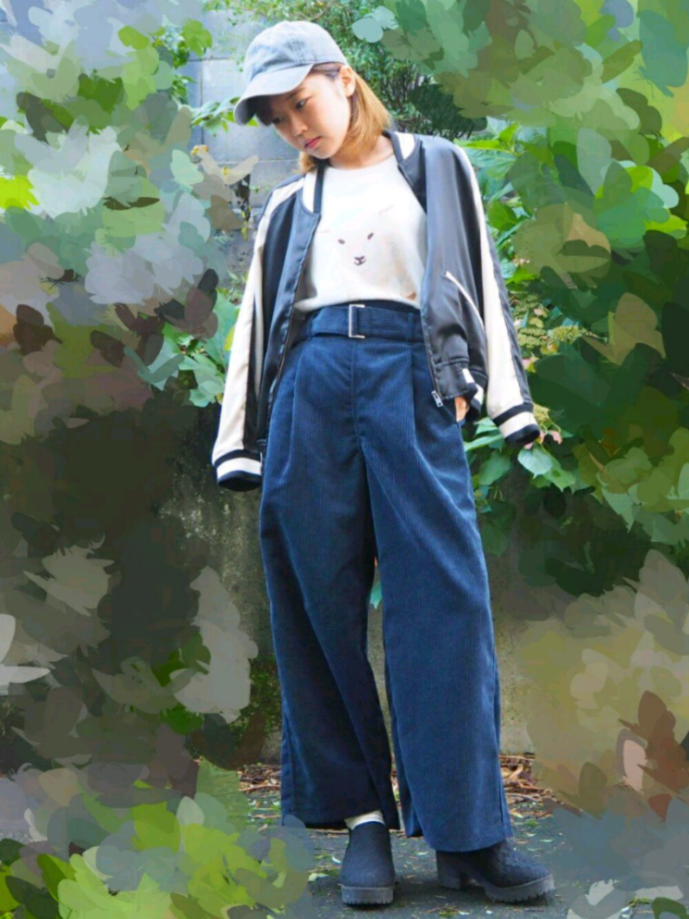 「ニット、ワイドパンツ、コーデュロイ、キャップ」｜「HEART MARKETのアイテム（ニット/セーター、ホワイト系）」を使った、ゆきのんさん（レディース・153cm）の秋コーディネートの1枚目の写真