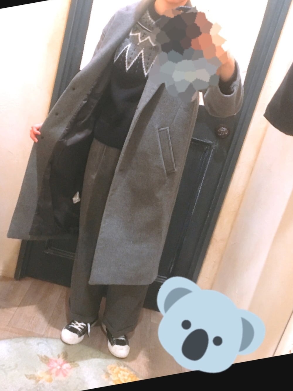 「メンズライク、だほだぼパンツ、グレー、カジュアルコーデ」｜「A part byのＷコンドロップチェスターコート 710119 （チェスターコート、グレー系）」を使った、ちゃんみさん（レディース・161cm）の冬コーディネートの1枚目の写真