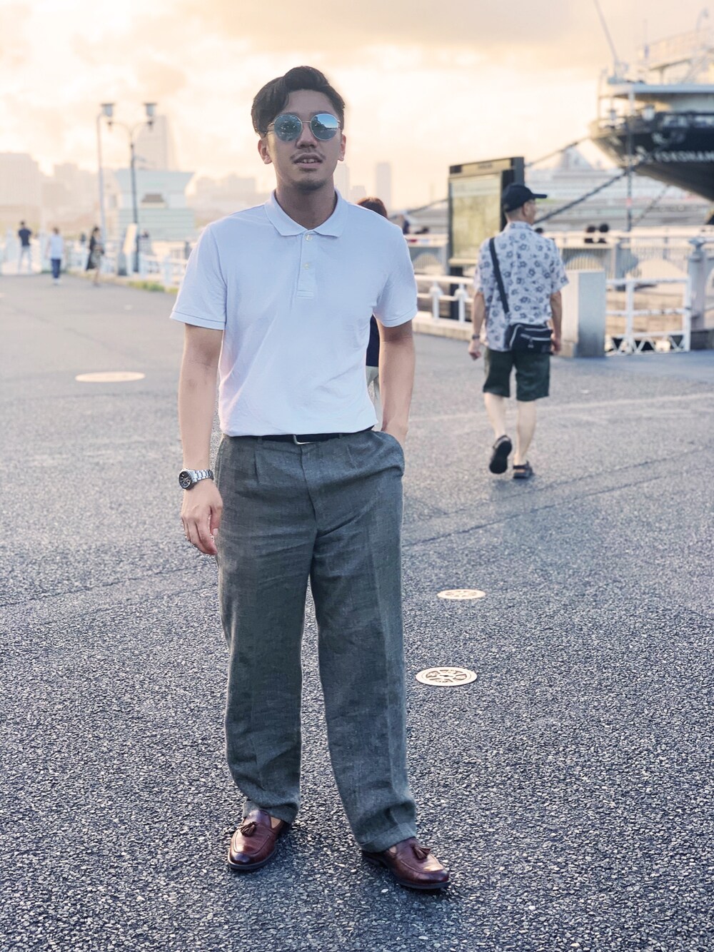 「スラックス、昭和、レトロ、ポロシャツ、古着、夏、オトナカジュアル」｜「yin&yangのアイテム（スラックス、グレー系）」を使った、Koudaiさん（メンズ・170cm）の夏コーディネートの1枚目の写真
