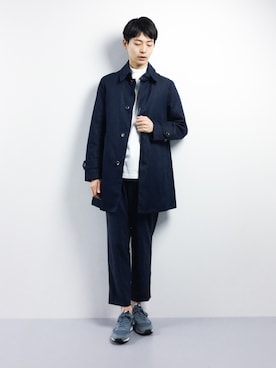 「ネイビー×ホワイト」｜「アイテム（ステンカラーコート）」を使った、Yさん（メンズ・184cm）の春コーディネート