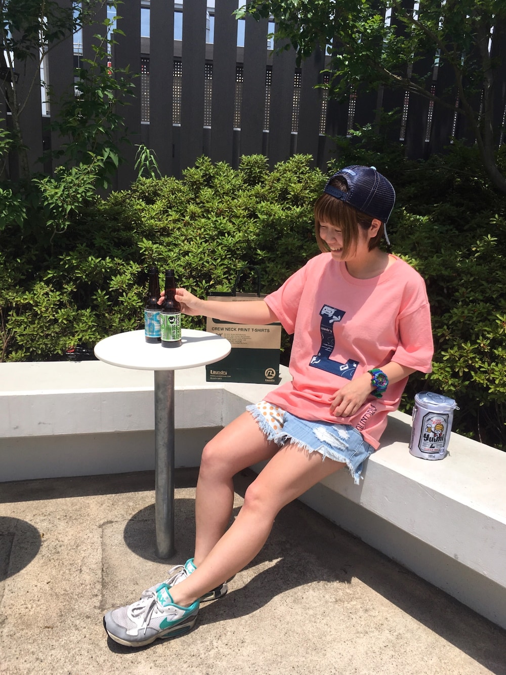 「Laundryのアイテム（Tシャツ/カットソー、ピンク系）」を使った、まいちきさん（レディース・150cm）の夏コーディネートの1枚目の写真