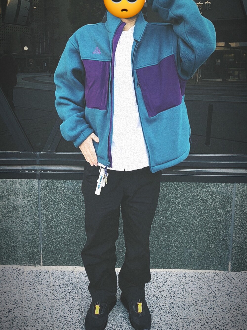 「春コーデ、シンプル、カジュアル、スニーカー、ootd、NIKE、低身長、NIKEACG、ストリート、フリース」｜「NIKE ACGのアイテム（ジャケット/アウター、ブルー系）」を使った、こけこっこうさん（メンズ・166cm）の春コーディネートの1枚目の写真