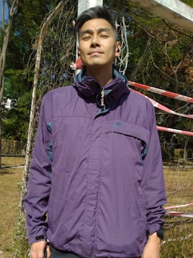 「アイテム（ナイロンジャケット、パープル系）」を使った、Mann SHING@hofuktongさん（メンズ・183cm）の冬コーディネート