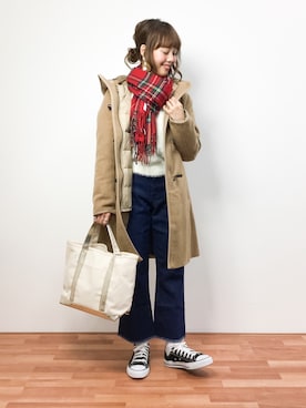 「赤チェック」｜「アイテム（ダッフルコート）」を使った、内山陽菜さん（レディース・149cm）の冬コーディネート
