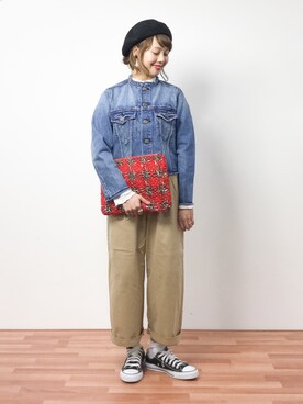 「赤チェック」｜「アイテム（デニムジャケット）」を使った、内山陽菜さん（レディース・149cm）の冬コーディネート
