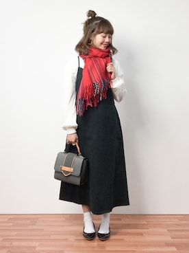 「赤チェック」｜「アイテム（バレエシューズ）」を使った、内山陽菜さん（レディース・149cm）の冬コーディネート