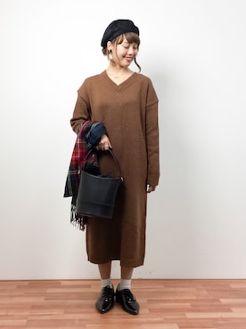 「PLAIN CLOTHING（プレーンクロージング）のアイテム（ハンチング/ベレー帽）」を使った、内山陽菜さん（レディース・149cm）の冬コーディネート