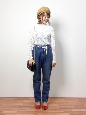 「NANO universe（ナノユニバース）のアイテム（ハンチング/ベレー帽）」を使った、内山陽菜さん（レディース・149cm）の冬コーディネート