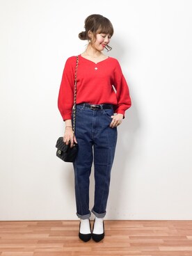 「バレンタインデートスタイル」｜「アイテム（パンツ）」を使った、内山陽菜さん（レディース・149cm）の冬コーディネート