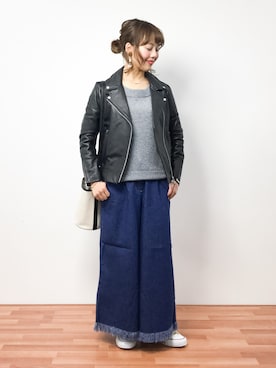 「NANO universe（ナノユニバース）のアイテム（ライダースジャケット）」を使った、内山陽菜さん（レディース・149cm）の冬コーディネート