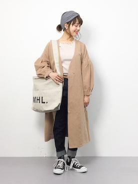 「テーパードデニム」｜「アイテム（トレンチコート）」を使った、内山陽菜さん（レディース・149cm）の冬コーディネート