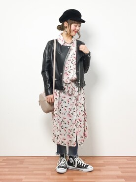 「SLOBE IENA（スローブイエナ）のアイテム（ライダースジャケット）」を使った、内山陽菜さん（レディース・149cm）の春コーディネート