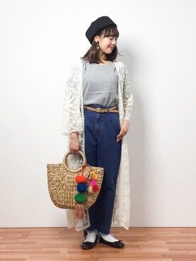 「フリンジデニム」｜「アイテム（ハンチング/ベレー帽）」を使った、内山陽菜さん（レディース・149cm）の春コーディネート