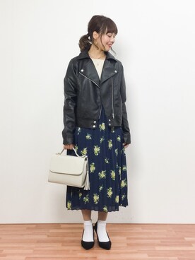 「one after another NICE CLAUP（ワンアフターアナザーナイスクラップ）のアイテム（ライダースジャケット）」を使った、内山陽菜さん（レディース・149cm）の春コーディネート