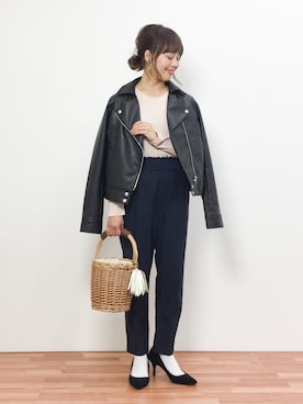 「one after another NICE CLAUP（ワンアフターアナザーナイスクラップ）のアイテム（ライダースジャケット）」を使った、内山陽菜さん（レディース・149cm）の春コーディネート