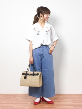 「TOPKAPI（トプカピ）のアイテム（かごバッグ）」を使った、内山陽菜さん（レディース・149cm）の春コーディネート