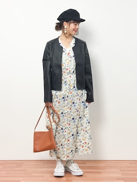 「マリンキャップ」｜「アイテム（ノーカラージャケット）」を使った、内山陽菜さん（レディース・149cm）の春コーディネート