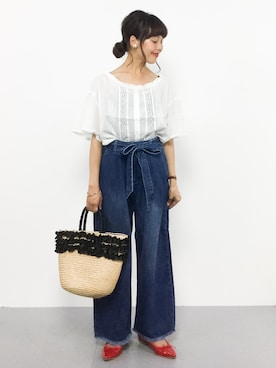 「cache cache（カシュ カシュ）のアイテム（かごバッグ）」を使った、内山陽菜さん（レディース・149cm）の夏コーディネート