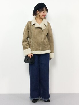 「SpRay（スプレイ）のアイテム（ライダースジャケット）」を使った、内山陽菜さん（レディース・149cm）の秋コーディネート