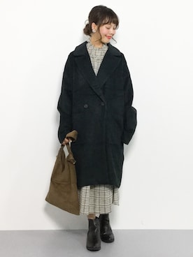「チェックワンピース」｜「アイテム（ダウンジャケット/コート）」を使った、内山陽菜さん（レディース・149cm）の秋コーディネート
