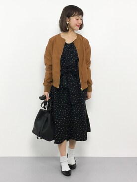 「ドットワンピ」｜「アイテム（ブルゾン）」を使った、内山陽菜さん（レディース・149cm）の冬コーディネート