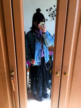 「ボーダーソックス」｜「アイテム（デニムジャケット）」を使った、macchan☆彡.。さん（レディース・157cm）の冬コーディネート