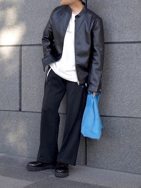 「shiyoh」｜「アイテム（ライダースジャケット）」を使った、心さん（メンズ・164cm）の秋コーディネート