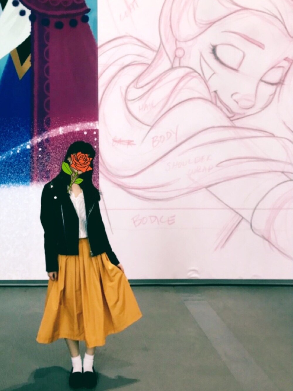 「ライダースジャケット、ベルイエロー、美女と野獣キャンペーン、ディズニーアート展、初投稿」｜「SLOBE IENAの《追加》レザーライダースブルゾン◆（ライダースジャケット、ブラック系）」を使った、みさん（レディース・154cm）の春コーディネートの1枚目の写真