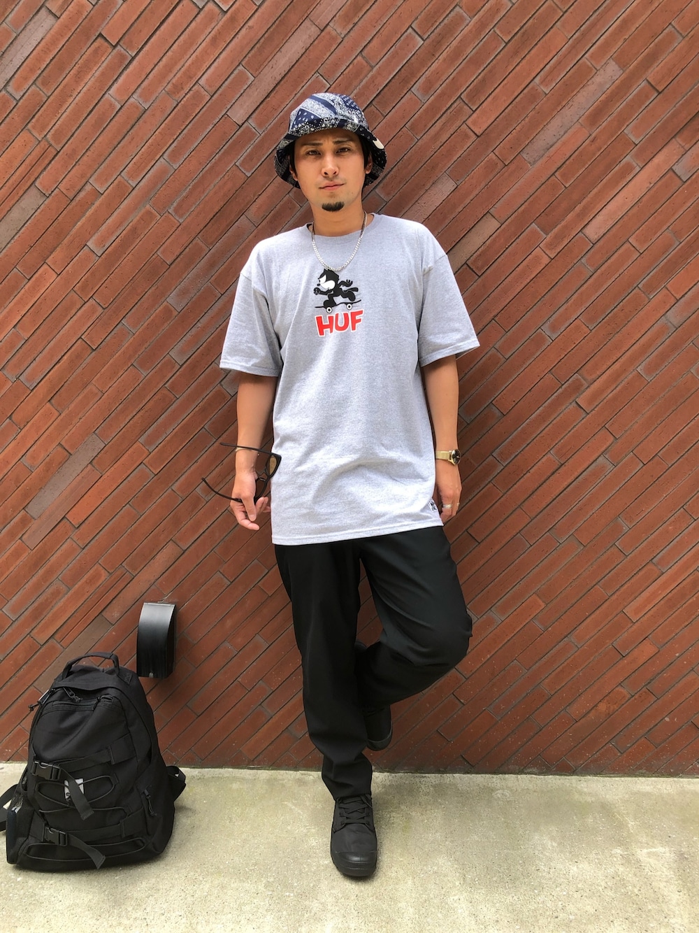 「arthの【arth】Bandana Cloth NY Bucket / 【アース】（ハット、ブルー系）」を使った、Takuya 🐄さん（メンズ・174cm）の夏コーディネートの1枚目の写真