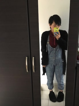 「モヘアカーディガン」｜「アイテム（オールインワン・サロペット）」を使った、笑美∞さん（レディース・160cm）の冬コーディネート