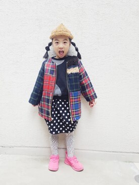 「タータンチェック」｜「アイテム（ニットキャップ/ビーニー）」を使った、itohiさん（キッズ・100cm）の冬コーディネート