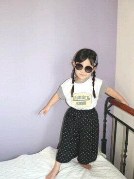 「韓国子供服のアイテム（Tシャツ/カットソー、ホワイト系）」を使った、aonanaさん（キッズ・110cm）の夏コーディネート