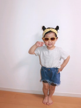 「無印良品（ムジルシリョウヒン）のアイテム（Tシャツ/カットソー、グレー系）」を使った、aonanaさん（キッズ・110cm）の夏コーディネート