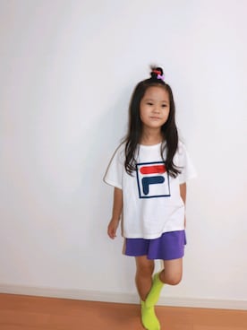 「FILA（フィラ）のアイテム（Tシャツ/カットソー、ホワイト系）」を使った、aonanaさん（キッズ・110cm）の夏コーディネート