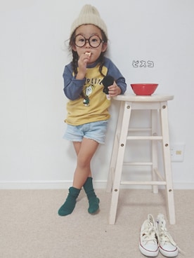 「monmimi のアイテム（ニットキャップ/ビーニー、ベージュ系）」を使った、ピスコ☆兄妹さん（キッズ・100cm）の秋コーディネート