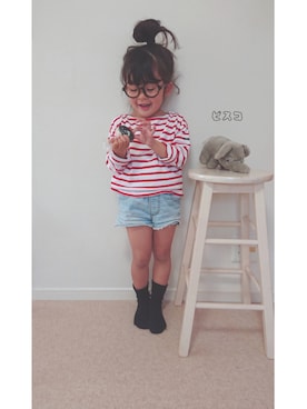 「G.W後半はダラダラ😂のアイテム（Tシャツ/カットソー、レッド系）」を使った、ピスコ☆兄妹さん（キッズ・100cm）の春コーディネート