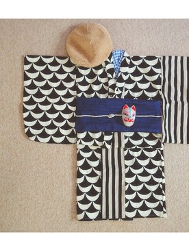 「Handmade（ハンドメイド）のアイテム（水着/着物・浴衣、ブラック系）」を使った、ピスコ☆兄妹さん（キッズ・100cm）の夏コーディネート