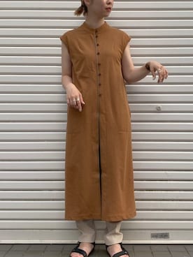 「PUBLIC TOKYO（パブリックトウキョウ）のチャイナカットロングトップ（Tシャツ/カットソー、イエロー系）」を使った、Haruka Kimura 🕊さん（レディース・155cm）の夏コーディネート