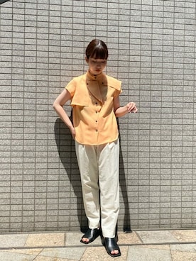 「UNITED TOKYO（ユナイテッドトウキョウ）のターンフライハーフスリーブブラウス（シャツ/ブラウス、イエロー系）」を使った、Haruka Kimura 🕊さん（レディース・155cm）の夏コーディネート