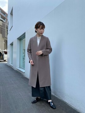 「UNITED TOKYO（ユナイテッドトウキョウ）の【WEB限定】エクストラウールVネックコート（ノーカラーコート、ブラウン系）」を使った、Haruka Kimura 🕊さん（レディース・155cm）の秋コーディネート