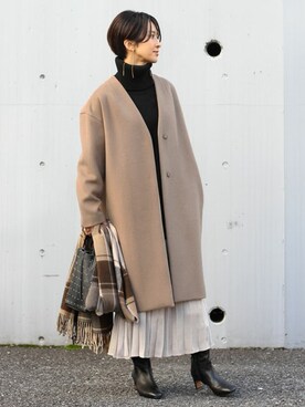 「JOURNAL STANDARD relume（ジャーナルスタンダード　レリューム）のアイテム（ノーカラージャケット）」を使った、Makkieさん（レディース・158cm）の冬コーディネート