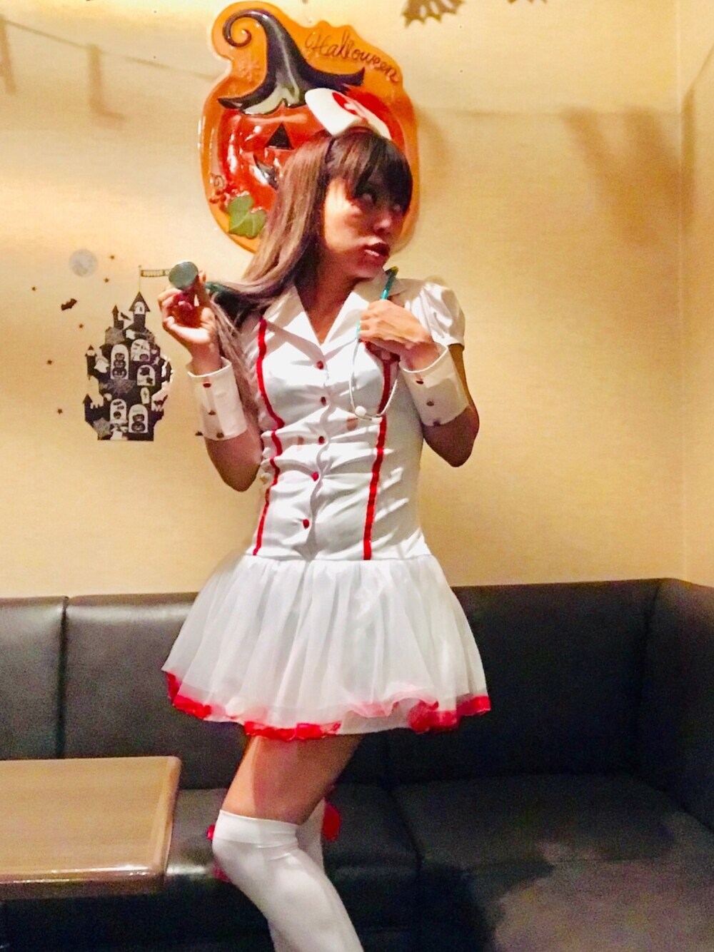 「wearhalloween2018、halloween、コスプレ、ナース、ゾンビ」｜「no brandのアイテム（ワンピース、ホワイト系）」を使った、Galulu Musicさん（レディース・150cm）の秋コーディネートの1枚目の写真