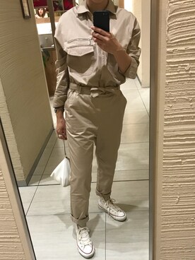 「アイテム（つなぎ/オールインワン、ベージュ系）」を使った、ymktymさん（レディース・160cm）の春コーディネート