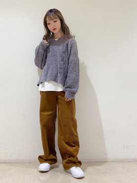 「earth music&ecology（アースミュージックアンドエコロジー）のベロアモールケーブルキーネックニットプルオーバー　＊（ニット/セーター）」を使った、やぎみさきさん（レディース・152cm）の秋コーディネート